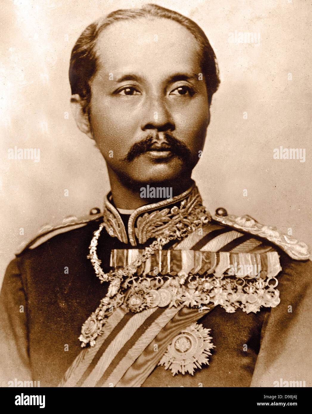 Chulalongkorn or Rama V (20 September 1853 – 23 October 1910) was the fifth monarch of Siam under the House of Chakri. reigned 1 October 1868 – 23 October 1910. considered one of the greatest kings of Siam. His reign was characterized by the modernization of Siam, immense government and social reforms, and territorial cessions to the British Empire and French Indochina. Stock Photo
