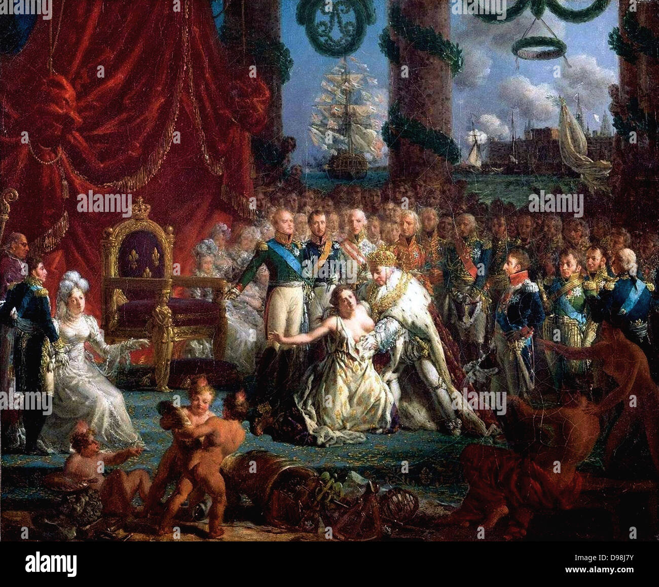 Allégorie on the return of the Bourbons 1814 : Louis XVIII saves France from ruin. By Louis-Philippe Crépin. Louis XVIII was King of France and of Navarre from 1814 to 1824, Stock Photo