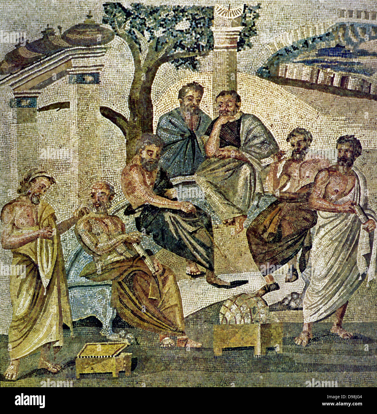 Roman mosaic showing Plato seated (2nd from left) amongst students and other philosophers. Stock Photo