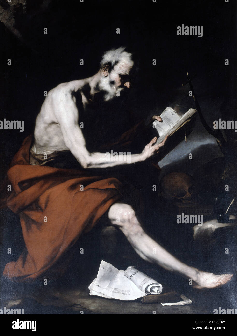 St Jerome Reading', oil on canvas by a follower of Jusepe de Ribera (1591-1652) Spanish Tenebrist painter. St Jerome (c340-420) a father of Western Christian Church and compiler of the Vulgate. Human skull, a memento mori, rests on pile of books. Stock Photo
