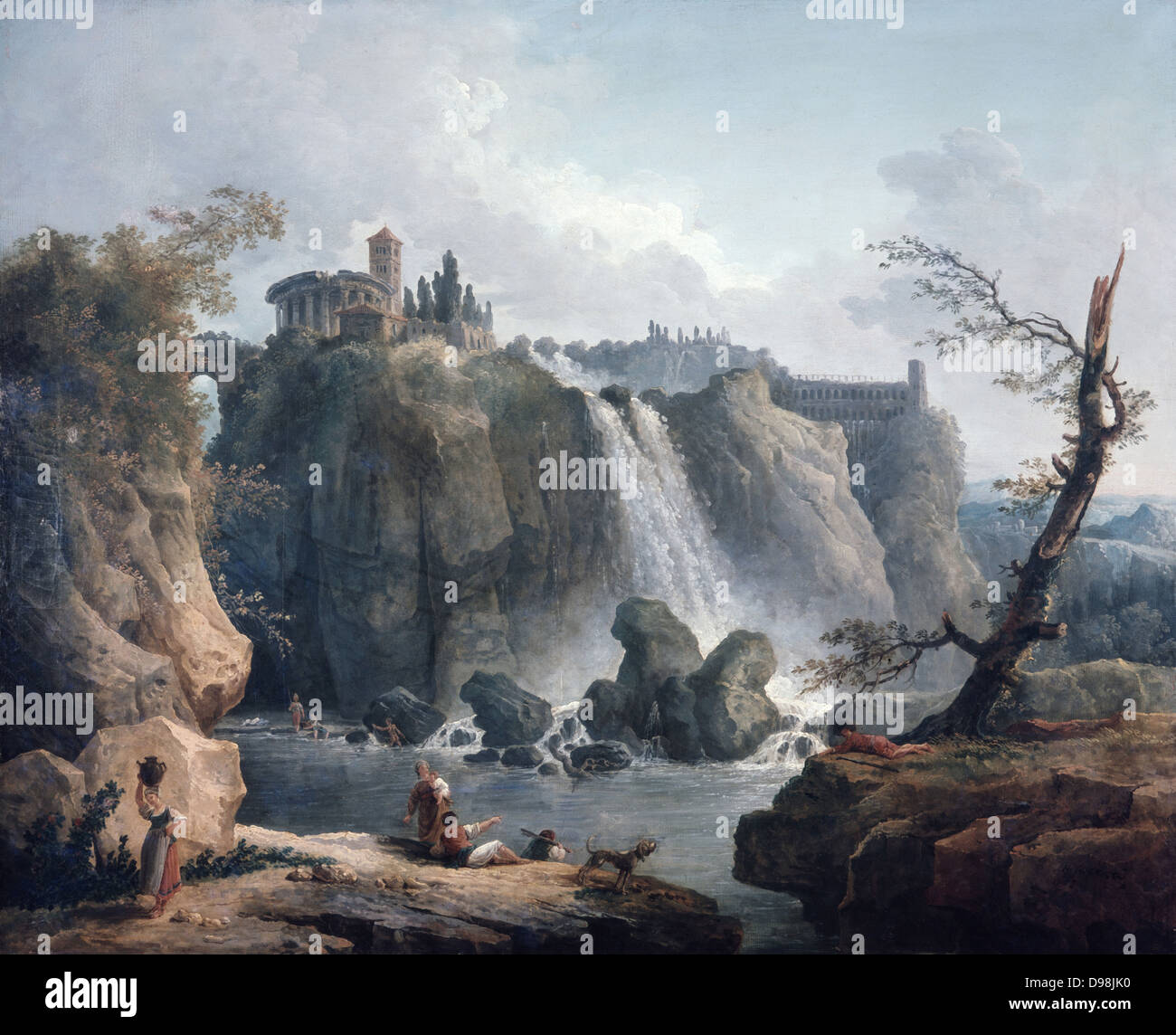 Waterfalls at Tivoli', oil on canvas by Hubert Robert (1733-1808) Franch painter. On the rock above the falls is the Temple of Vesta. Stock Photo