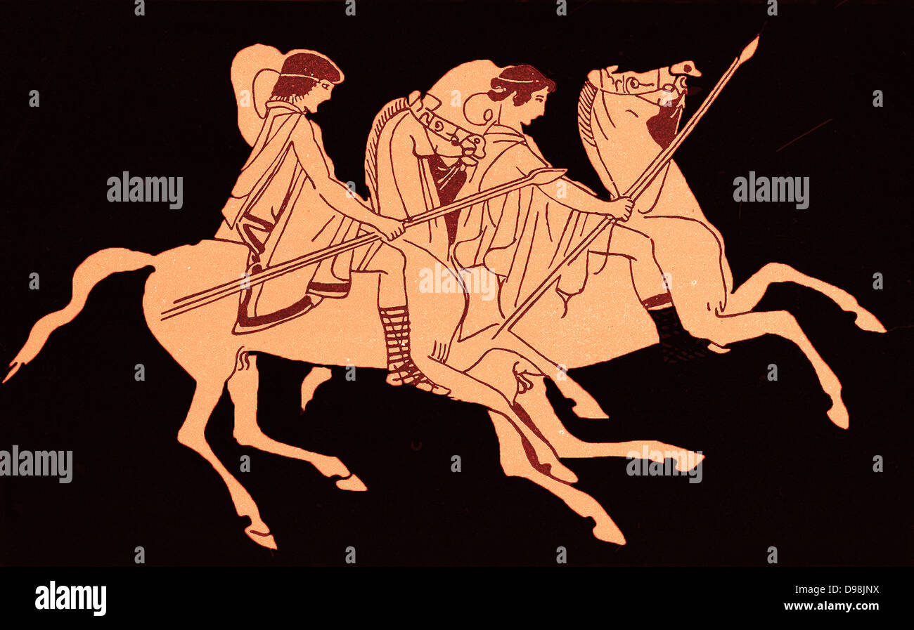 Greek Warriors mounted on horses. Depicted on a Greek vase circa 500BC Stock Photo
