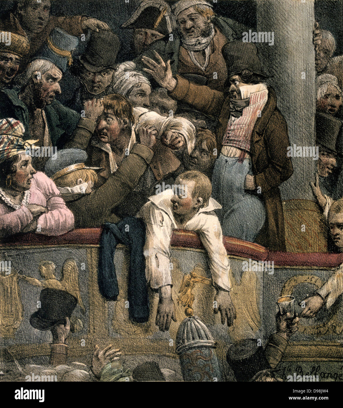 Box at the Theatre' by Hippolyte Bellange (1800-1866) French painter. Chaotic scene with overcrowded Box with audience fighting . Bottom left a top hat is being handed back. Bottom right a drink is being handed up from the promenade level. Stock Photo