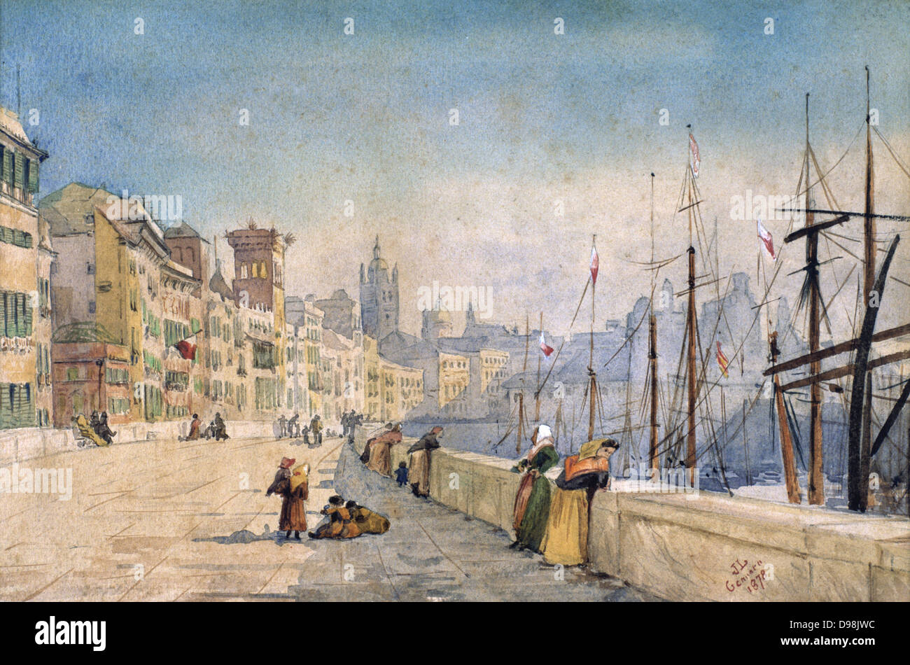 The Port of Genes' (Genoa), 1878. Watercolour by J.L Genatto. Sunlit buildings at quayside, women leaning on sea wall by masts of vessels docked vessels. Stock Photo