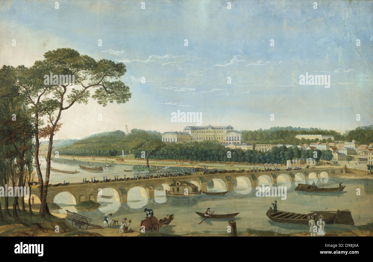 Visit of Francis I of the Two Sicilies and his Queen to Charles X, May 1830, to Chateau of Saint-Cloud by the Seine 10 kilometres from Paris. Royal procession crossing bridge, barges and paddle steamer on river. Watercolour and gouache on paper. Stock Photo