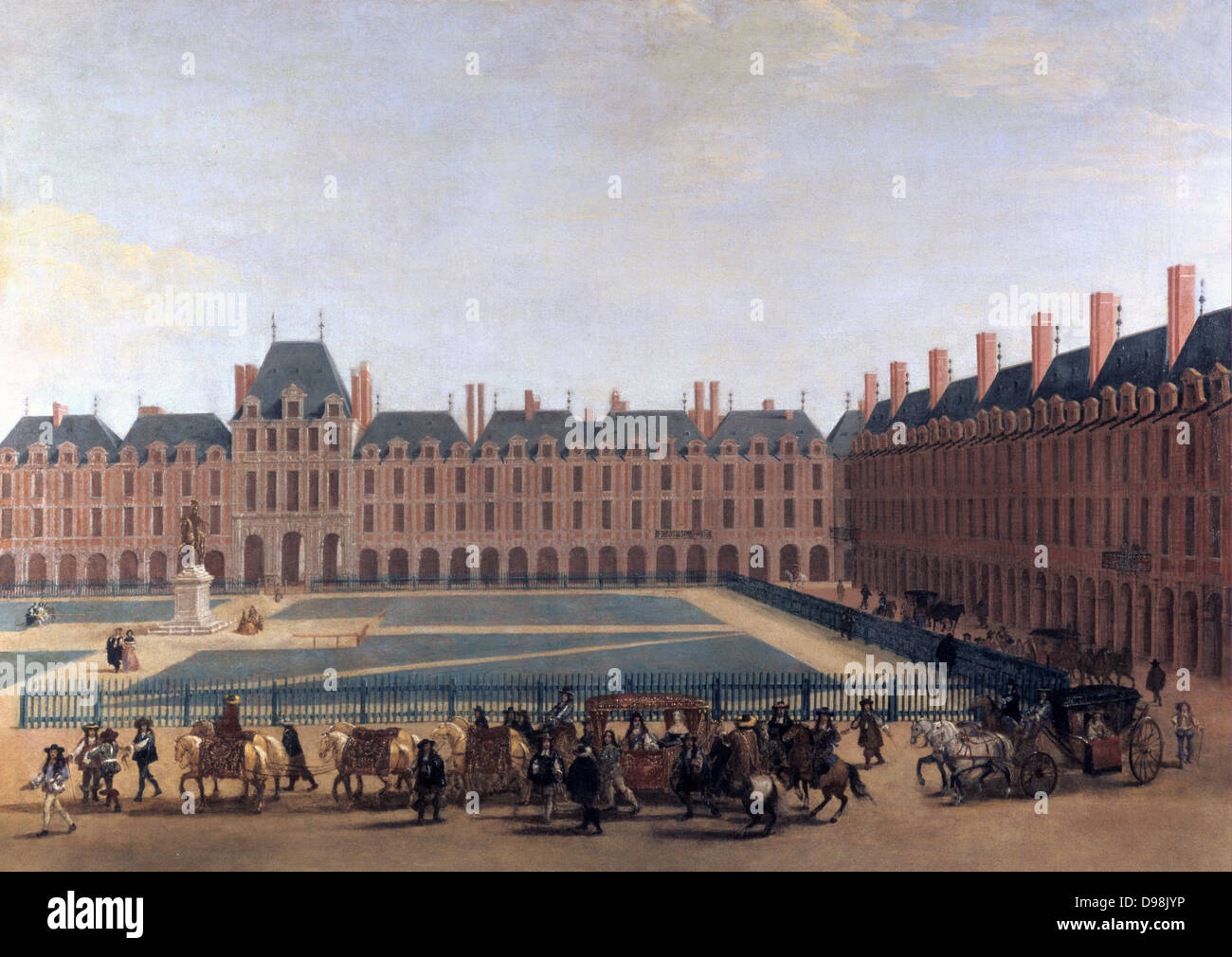 Place Royale, Paris, c1655. The King (Louis XIV) and the Regent (his mother, Anne of Austria) riding in royal coach pulled by six white horses and accompanied by guards, courtiers and members of household. Fernch School, 17th century. Stock Photo