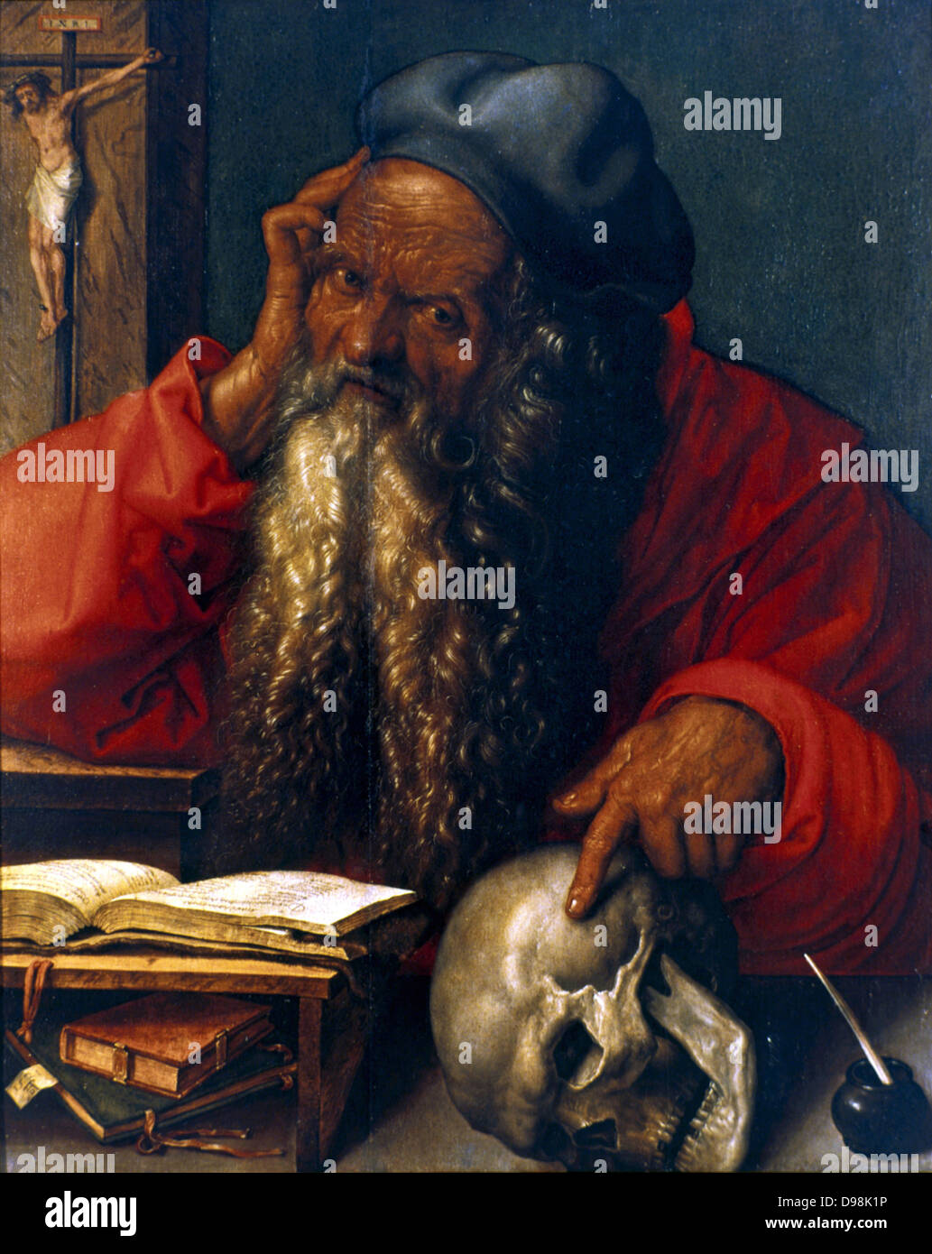 St Jerome', 1521, oil on panel , Albrecht Durer (1471-1528) German painter and printmaker. St Jerome (c340-420) a father of Western Christian Church and compiler of the Vulgate. Human skull, a memento mori, forked beard, ink well, quill pen. Stock Photo