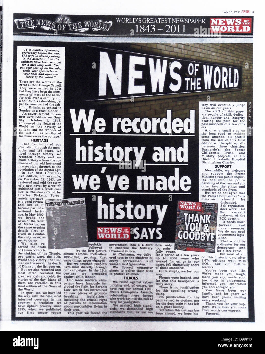 The 'News of the World' Newspaper 10th July 2011. Final issue. Stock Photo