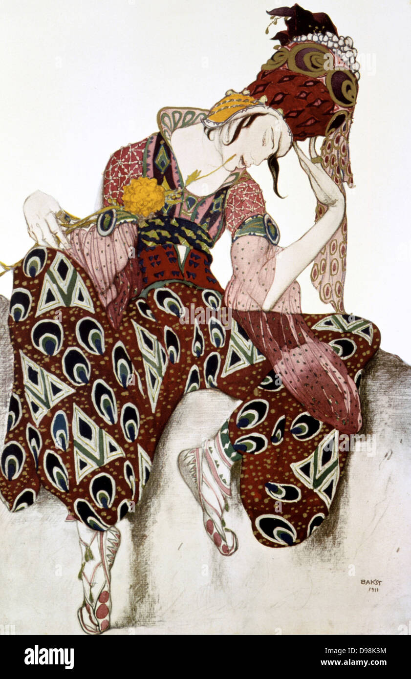 Costume design by Leon Bakst (1866-1924) Russian theatre and ballet designer, for Iskander (Vaslav Nijinsky) in The Peri', music by Paul Dukas, 1912. Watercolour and gouache on paper. Stock Photo
