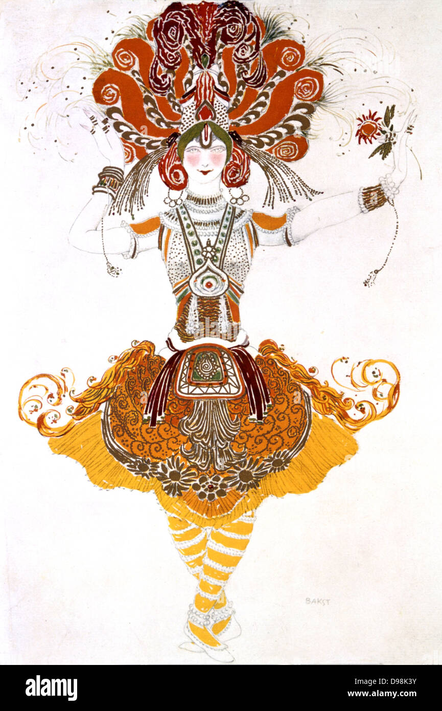 Costume design by Leon Bakst (1866-1924) Russian theatre and ballet designer, for the Young Girl (Tamara Karsavina) in 'The Firebird', music by Igor Stravinsky. Choreography by Michel Fokine. Produced in 1910 by Sergei Diaghilev's Ballets Russes. Stock Photo