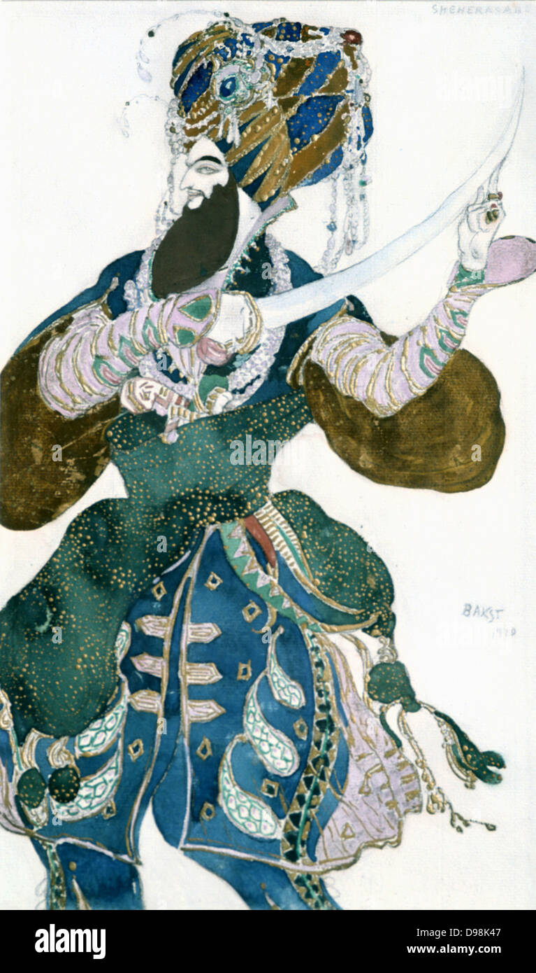 Costume design by Leon Bakst (1866-1924) for the Shah of Persia in 'Scheherazade' produced in 1910 by Sergei Diaghilev's Ballets Russes. Music by Nikolai Rimsky-Korsakov, choreography by Michel Fokine. Stock Photo