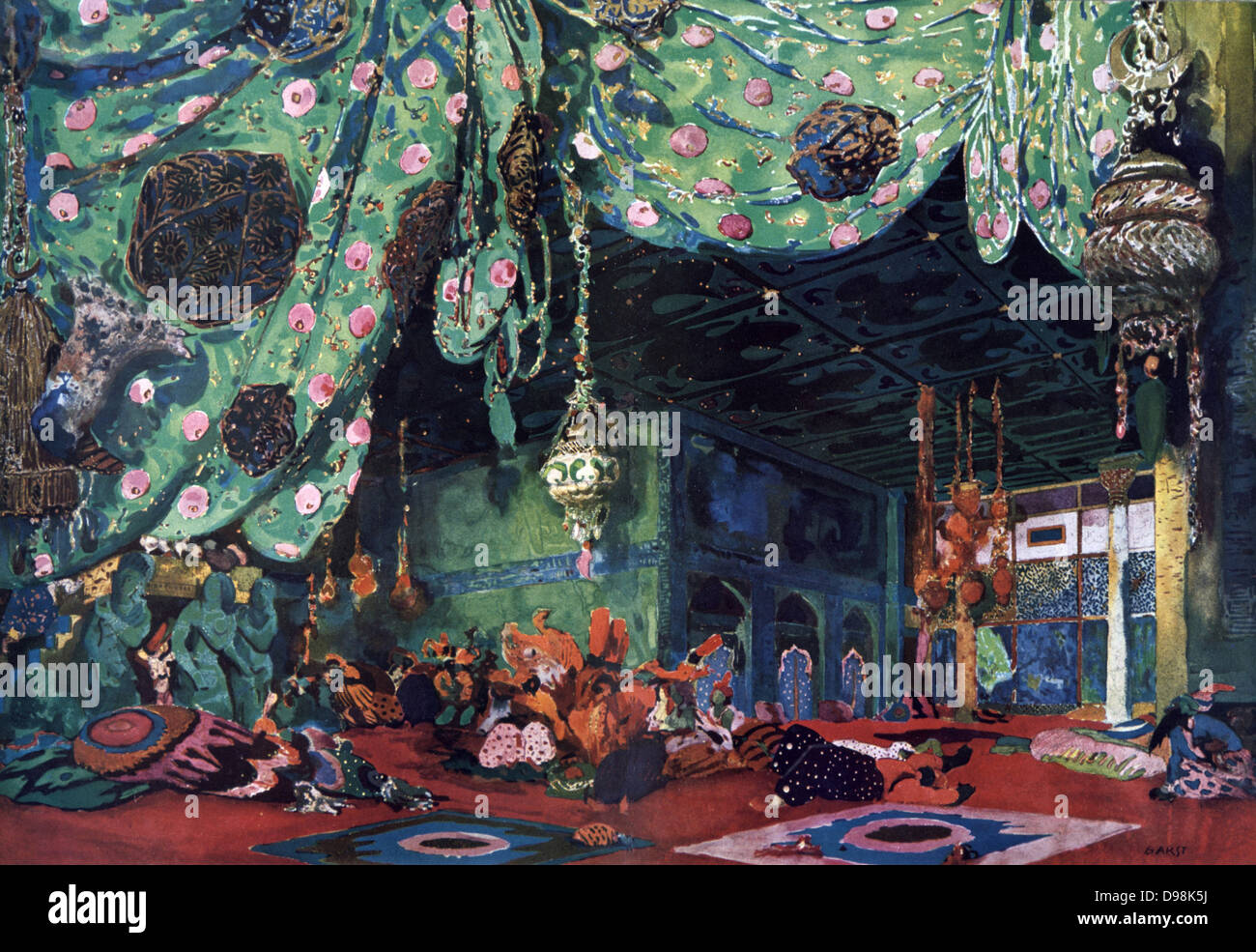 Scenery design by Leon Bakst (1866-1924) 'Scheherazade' produced in 1910 by Sergei Diaghilev's Ballets Russes. Music by Nikolai Rimsky-Korsakov, choreography by Michel Fokine. Stock Photo