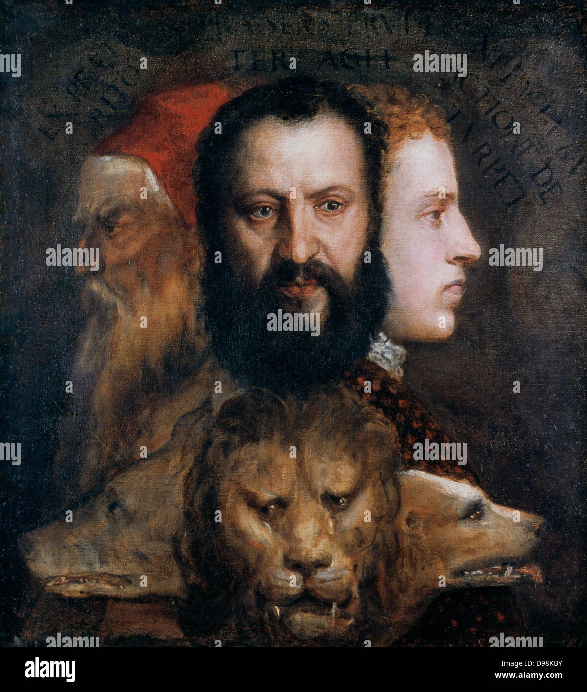 Allegory of Prudence' 1565-1575. Titian, an old man; Orazio, his son, full of vigour; Marco, his young nephew yet to make his mark. Tiziano Vecellio called Titian (c1488/1490-1576) leading painter of the Venetian school in Italian Renaissance. Stock Photo
