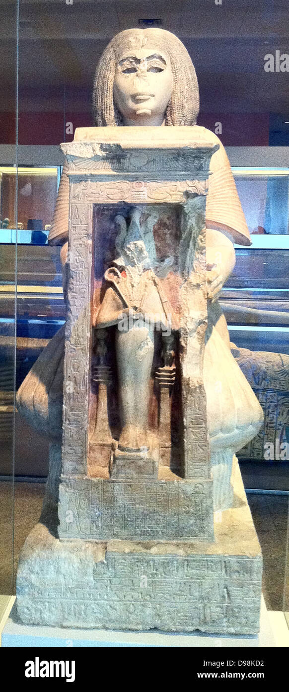 Statue of Yuny. Early 19th Dynasty circa 1294-1269 BC from Assiut, Egypt. Yuni  kneels before Osiris. Stock Photo