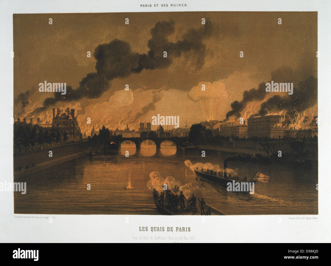 Paris Commune 26 March-28 May 1871. The Bloody Week: The Quays of Paris, view of the Pont Solferino on the night of 24 May, Paris in flames. Lithograph. Stock Photo
