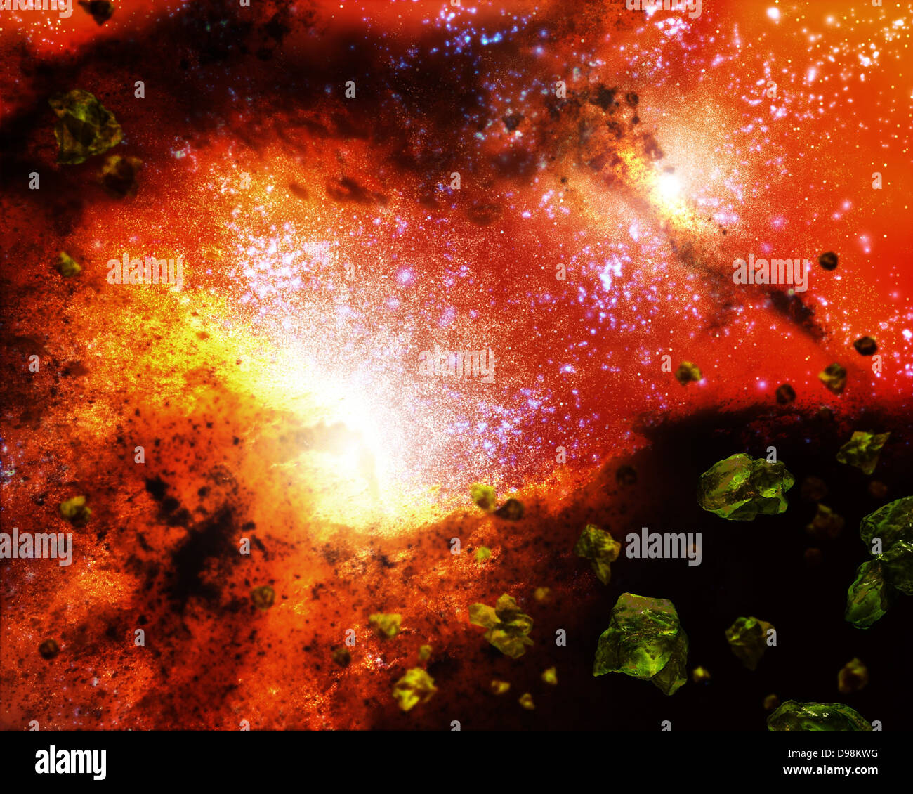 artist's concept shows delicate greenish crystals sprinkled throughout the violent core of a pair of colliding galaxies. The Stock Photo