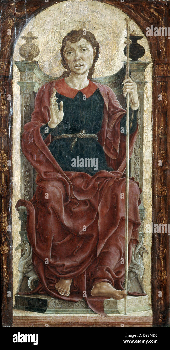 St James'. Tempera on panel. Cosimo Tura (c1430-1495) Italian Early-Renaissance (Quattrocento) painter. St James the Great (St James the Apostle, St James of Compostello) enthroned, holding pilgrim staff and right hand raised in blessing. Stock Photo