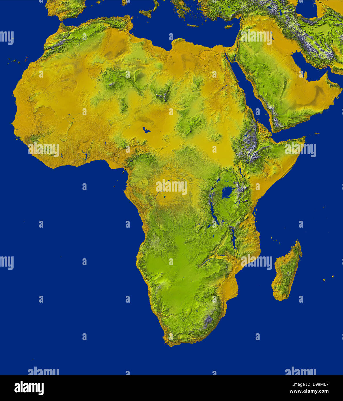 shaded relief image shows the extent of digital elevation data for Africa recently released by the Shuttle Radar Topography Stock Photo