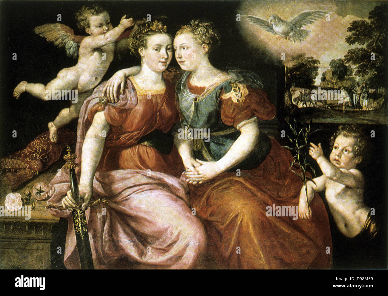 Peace and Justice. Oil on Wood. Martin de Vos (c1532-1603) Flemish Mannerist painter. Allegorical painting showing two women embracing attended by putti. Right, Peace with Dove and Olive Branch, Left, Justice with Sword and Rose. Stock Photo