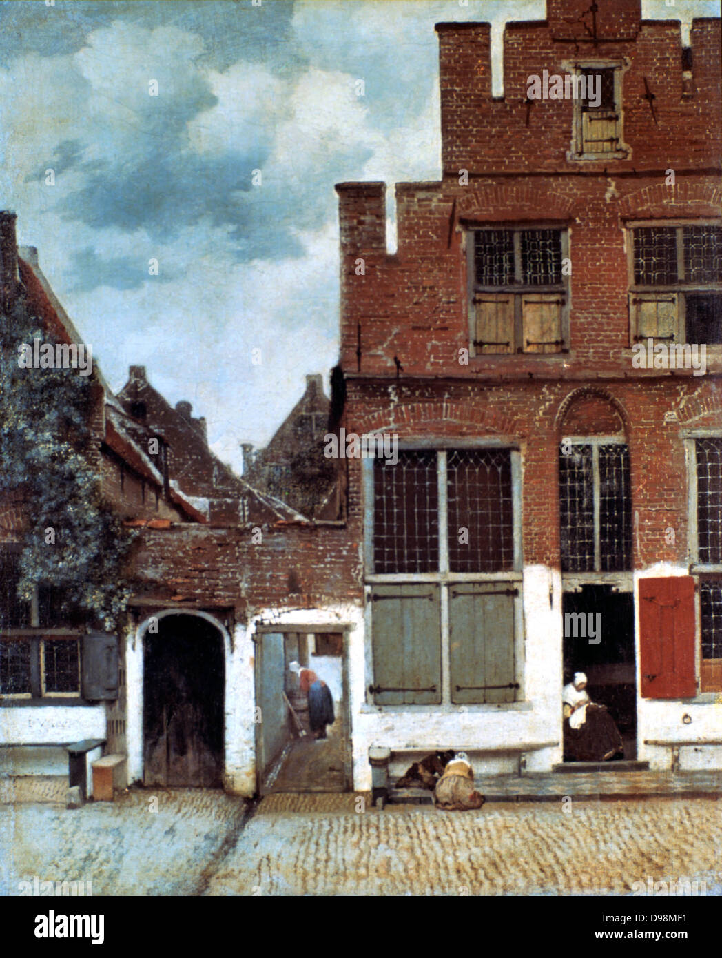 The Little Street' 1657-1658. Oil on Canvas. Jan Vermeer (1632-1675) Dutch Baroque painter. A view of a house standing in Delft. Dutch vernacular architecture and domestic activities. Glass Window Leaded-light Shutter Wood Metal Hinge Stock Photo