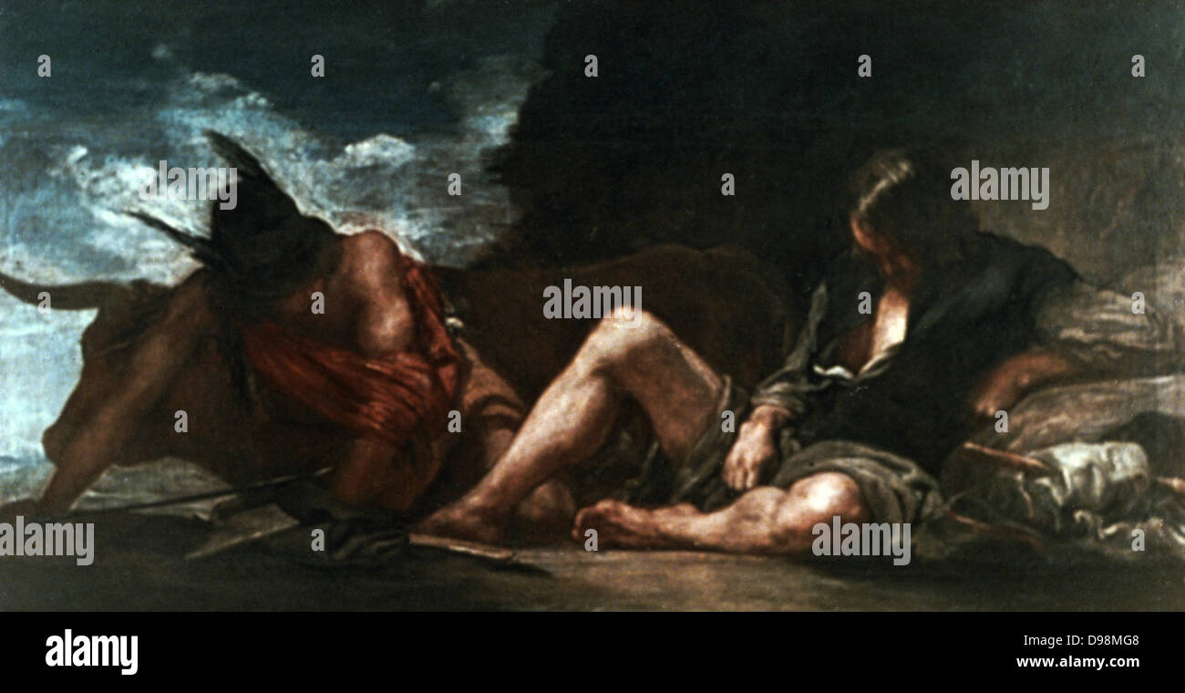 Mercury and Argus' c1659. Oil on canvas. Diego Velasquez (1599-1660) Spanish painter. In Greek mythology Argus had 100 eyes. Set to watch Io, Mercury charmed him to sleep with his lyre and killed him. Juno put his eye in Peacock's tail. Stock Photo