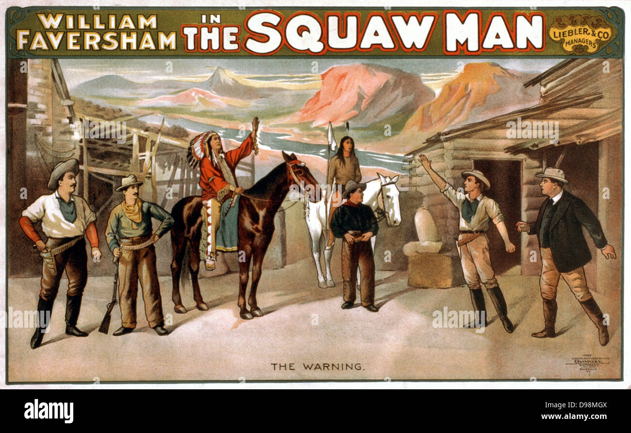 William Faversham in The squaw man c1905. theatre (poster) lithograph depicting Cowboys in a theatre poster. Stock Photo