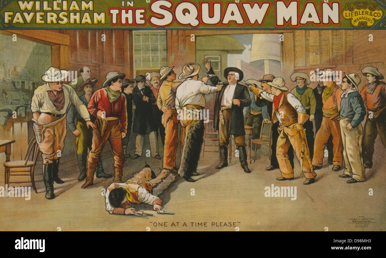 William Faversham in The squaw man c1905. (poster) : lithograph. American theatre poster showing Indians and Cowboys. Stock Photo