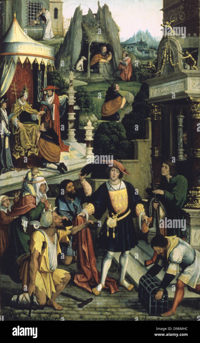 St Roch or Roque of Montpellier (1295-1327). Oil on oak board. Barend van Orley (1487/1491-1541) Flemish Northern Renaissance painter. Roch distributing wealth, pilgrim to Italy, recovering from plague in forest, imprisoned. Medicine Stock Photo