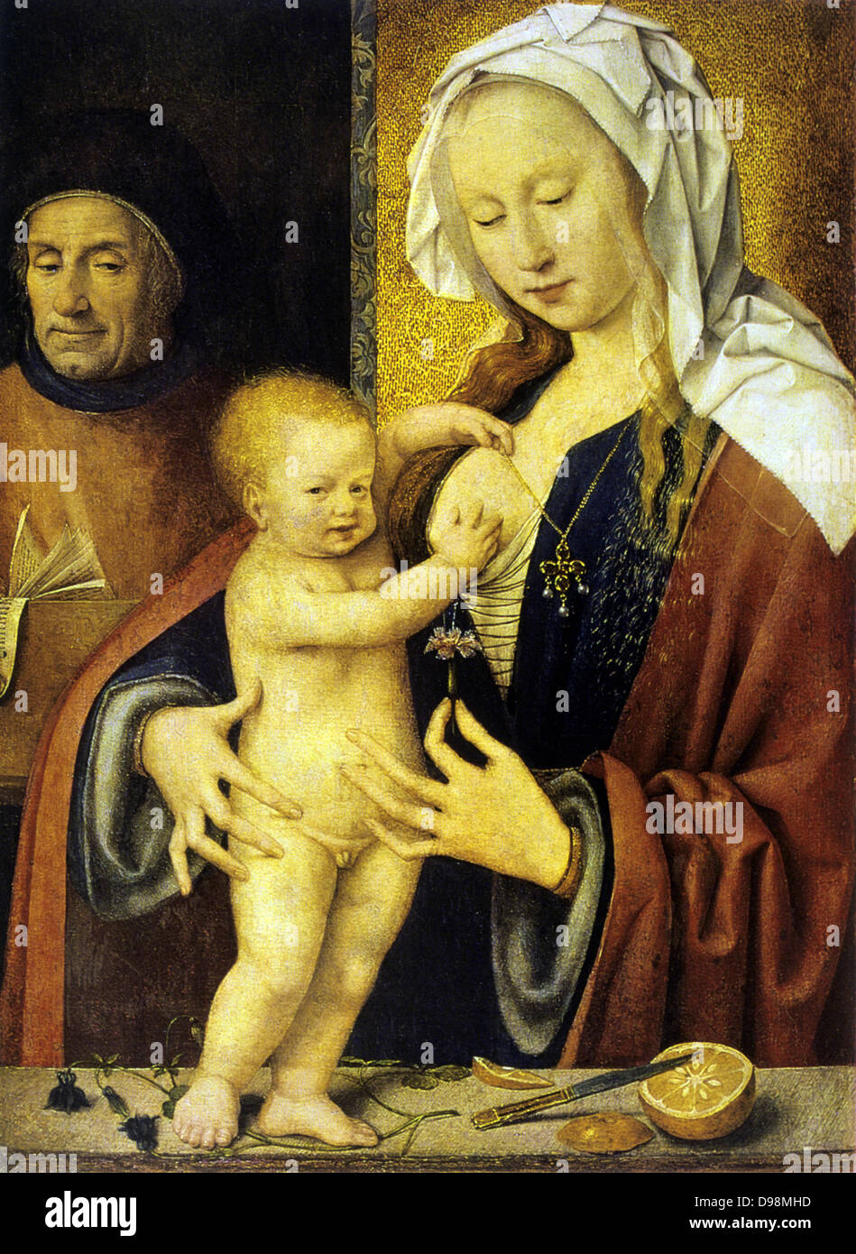 The Holy Family' Joos van Cleve (c1490-1540) Netherlandish painter. Mary supports standing infant Jesus as Joseph looks on fondly. Aquilegia used to ease pain of childbirth. Orange symbol of love and marriage. Stock Photo