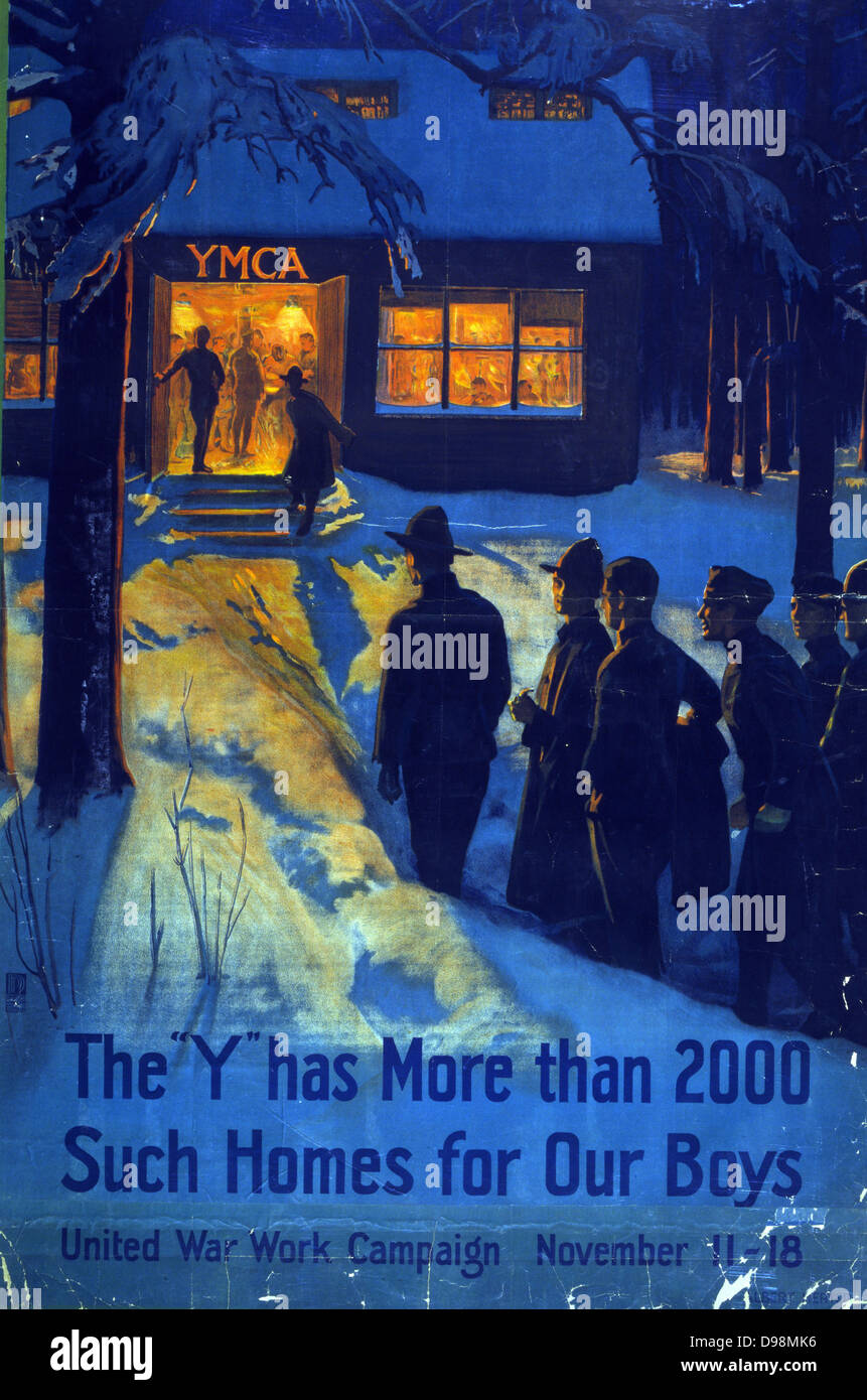 The 'Y' has more than 2000 such homes for our boys--United War Work Campaign, November 11-18 by Albert Herter, [1917].  World war I US poster  showing a group of soldiers approaching a warmly lit YMCA facility, through the snow, at night. Stock Photo