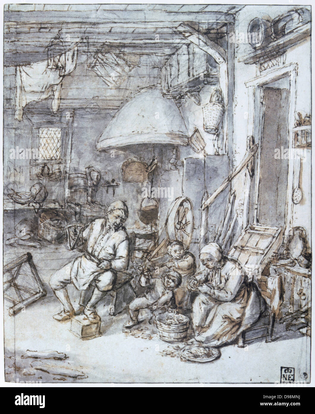 Dutch Peasant Family' Pen, brown ink, grey and brown wash. Adrien van Ostade (1610-1685) Dutch painter and draughtsman. Domestic Interior M other Father Parent Child Fire Cooking Pot Food Preparation Stock Photo