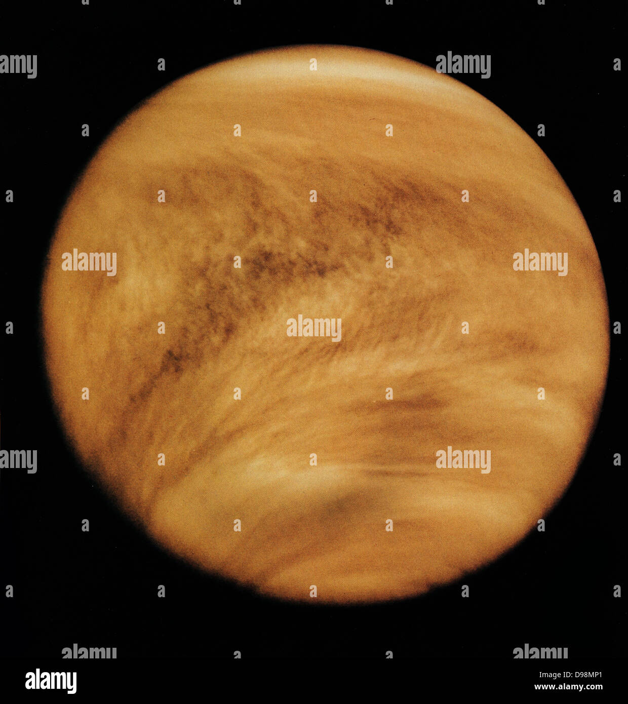 Venus. The thick atmosphere was photographed above in ultraviolet light in 1979 by the Pioneer Venus Orbiter. Venus's extremely uncomfortable climate was likely caused by a runaway greenhouse effect. Stock Photo