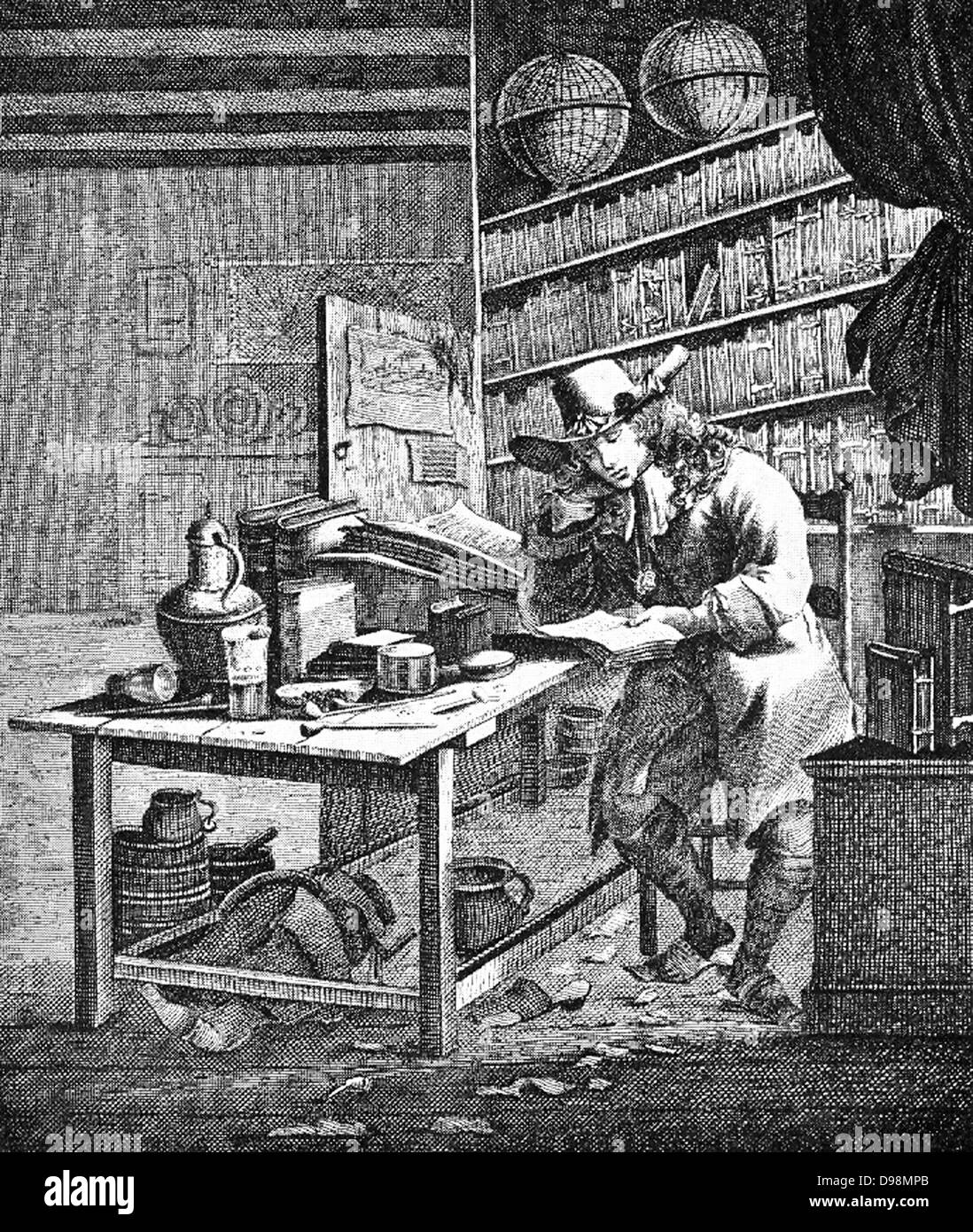 Dutch university student in his room in the 17th century. Stock Photo
