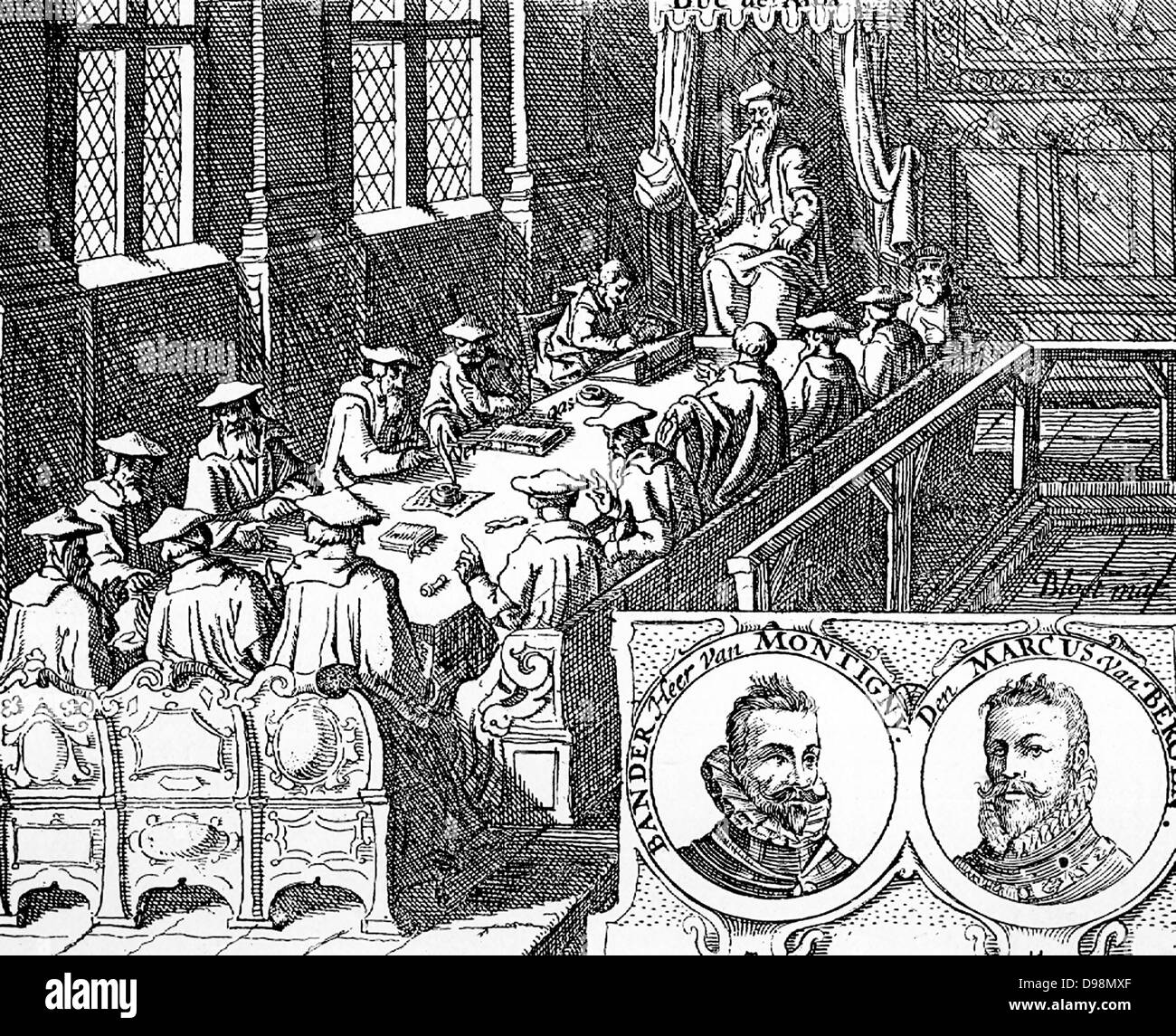 In the right hand corner of this panel are shown the Marquis of Bergen and the Baron de Montigny, who in 1566 were sent as ambassadors to Spain to discuss the petition and the moderation of placcaten to speak.  They never saw their land again. Stock Photo