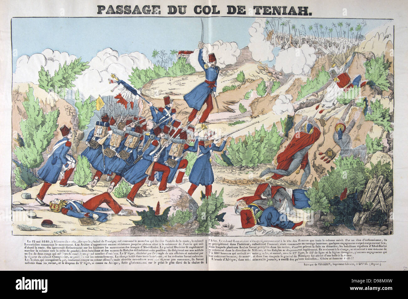 French conquest of Algeria. French troops fighting their way through the Teniah Pass, 12 May 1840. France Military Infantry Smallarms Rifle North Africa Colonialism. Stock Photo