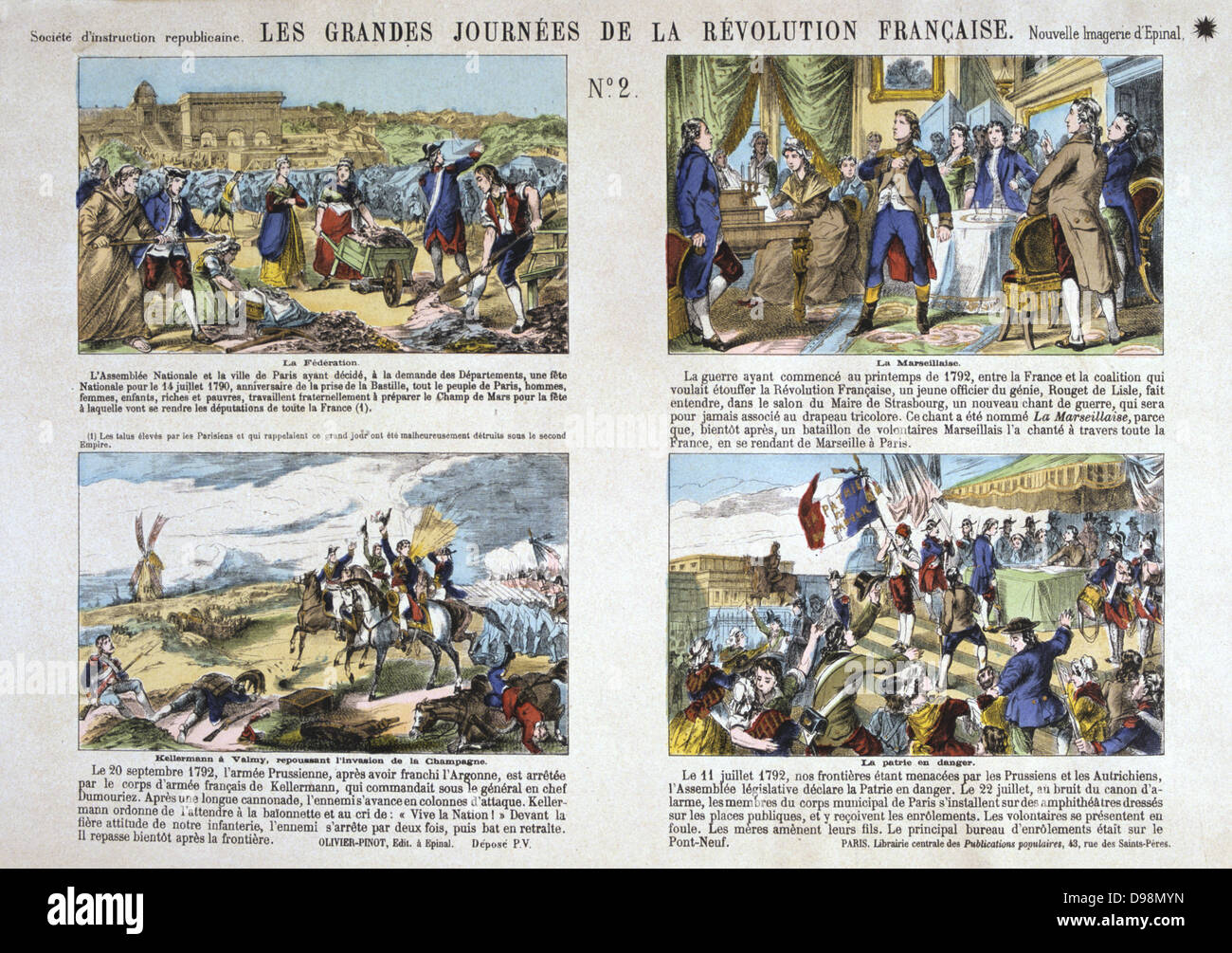 Great Days of the French Revolution: No 2. Top: The Federation; Preparing the Champs de Mars, 1790. The Marseillaise. Bottom: Battle of Valmy, 1792. France in Danger; Army Recruits signing on. Popular French colured print. Stock Photo