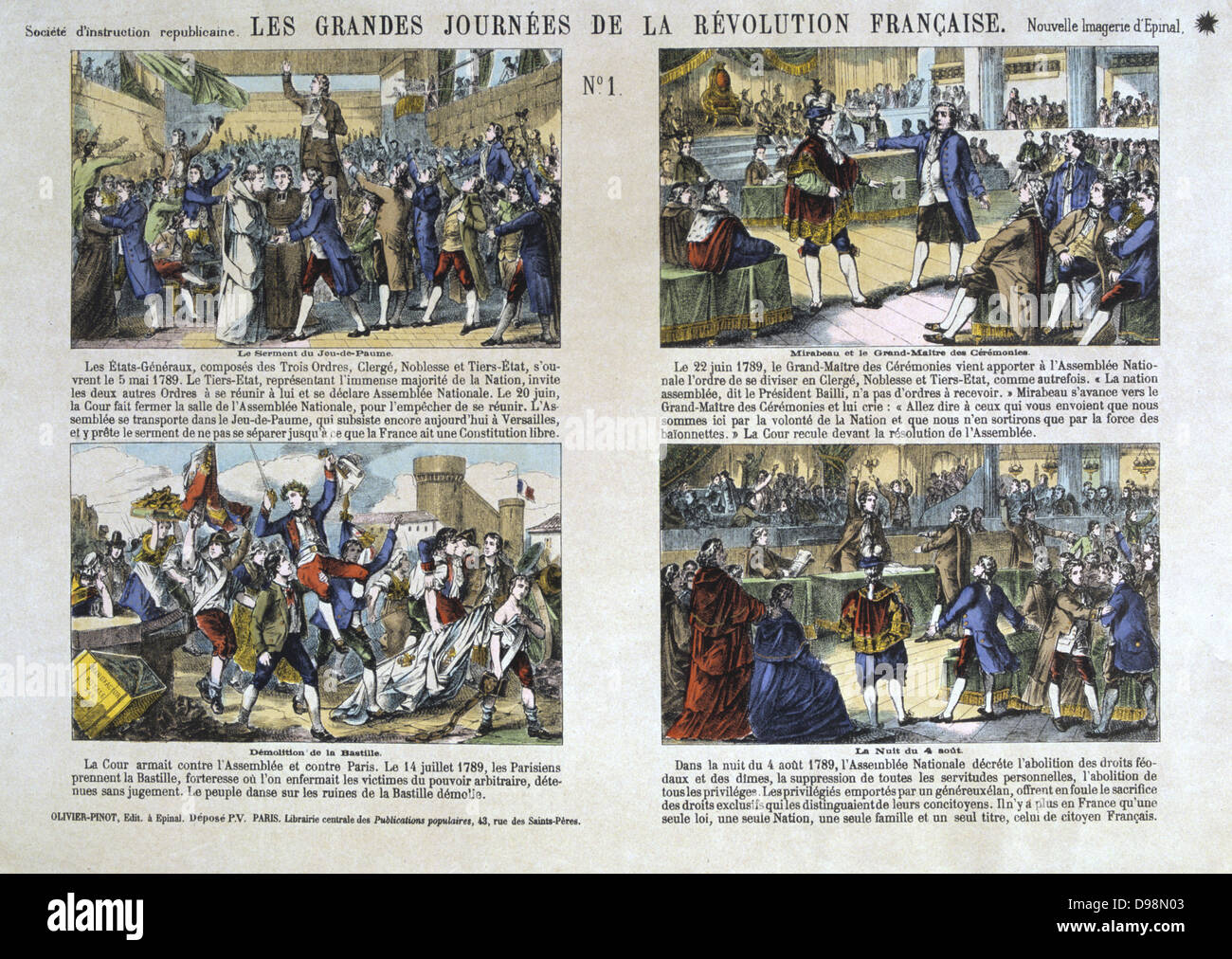 Great Days of the French Revolution, 1789: No 1. Top: Tennis Court Oath. Mirabeau and the Master of Ceremonies . Bottom: Attack on Bastille. The Night of 4 August. Popular French colured print. Stock Photo