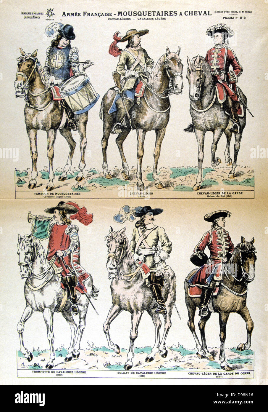 Mounted Musketeers of the French Army in the 17th and eighteenth centuries. Mid-19th century popular print. Stock Photo