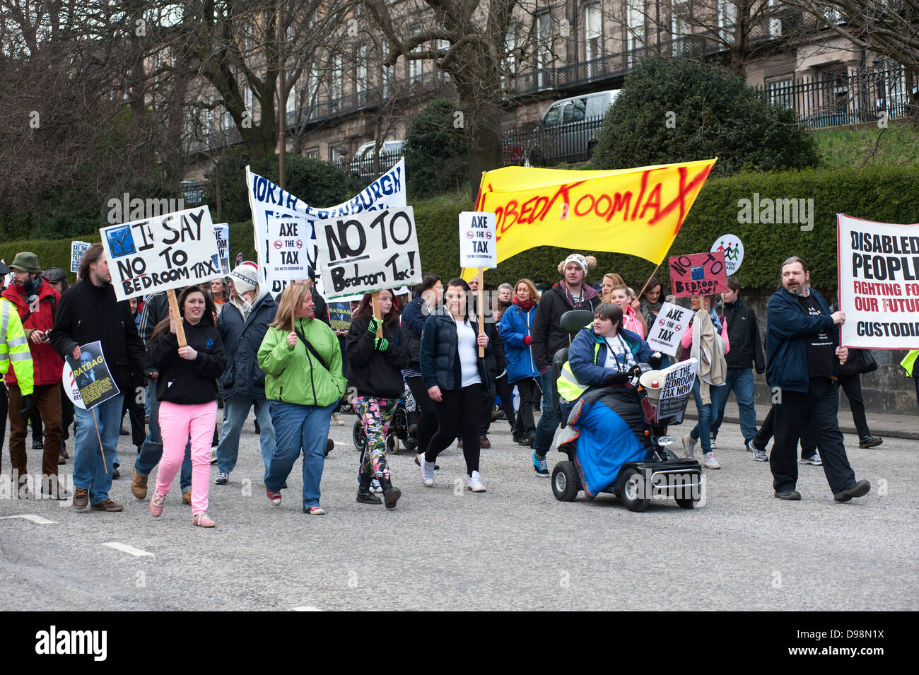30.3.2013. Edinburgh. Activists hold march and rally in City centre and Scottish Parliament to protest against the Bedroom Tax. Stock Photo