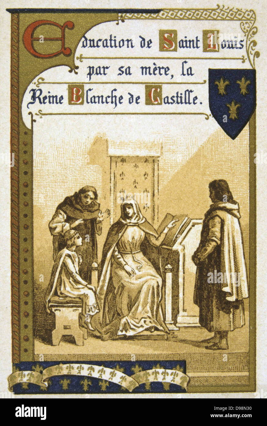 Louis IX (Saint Louis 1214-1270) King of France from 1226. Louis being educated by his mother Blanche of Castile who acted as Regent from 1226 to 1234. Nineteenth Century Trade Card Lithograph Stock Photo