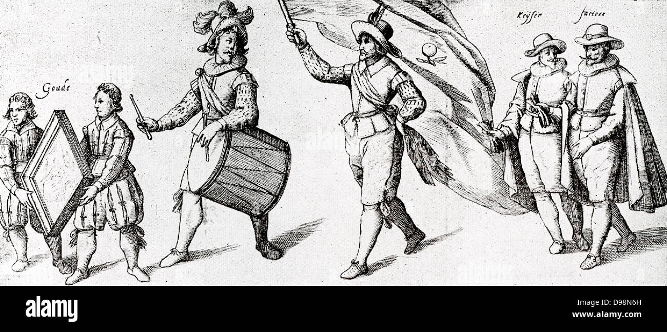 Zacharias Heyns, 1607. travelling musicians and theatre players (actors) illustrations from 'De Witte Lavender'. Stock Photo