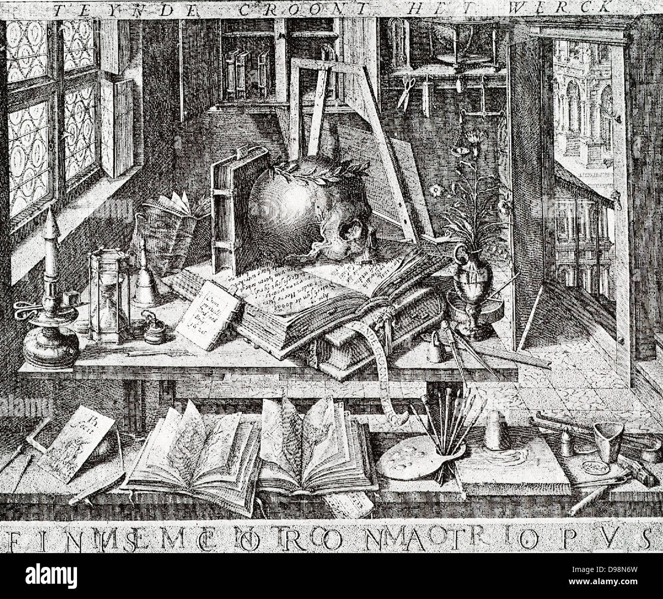 17th century engraving depicting a range of learning and science Stock