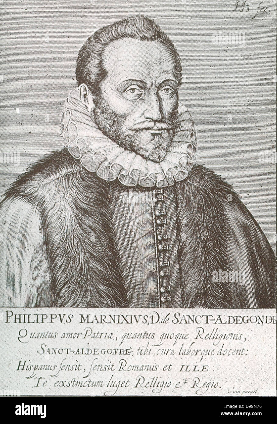 Philips van Marnix (1538-1598) reknowned as a Dutch Protestant theologian and statesman.  After receiving a thorough education he formed a friendship with Calvin and Beza.  Holland soon claimed the services of Marnix whose principal political activity was exercised between 1572 + 1585.  In Nov 1573 he was captured by the Spaniard.  He was then taken to the Hague then Utrecht where he was induced to make vain negotiations for peace. Stock Photo