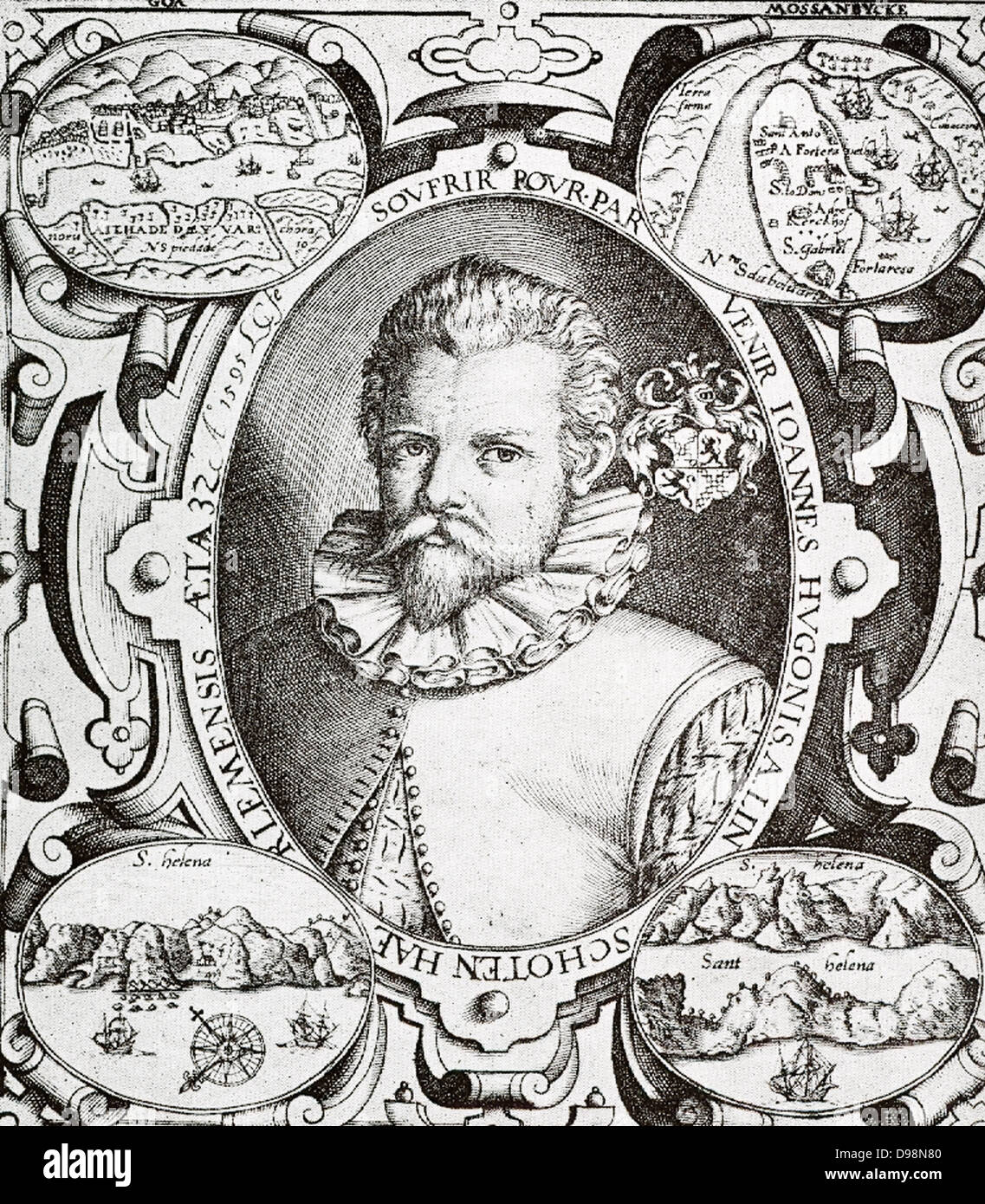 Jan Huyghen van Linschoten (1563, Haarlem – 8 February 1611,)Dutch Protestant merchant, traveller and historian. He is credited with copying top-secret Portuguese nautical maps thus enabling the passage to the elusive East Indies to be opened to the English and the Dutch. This enabled the British East India Company and the Dutch East India Company to break the 16th century monopoly enjoyed by the Portuguese on trade with the East Indies. English: Portrait of Jan Huygen van Linschoten, from the princeps edition of his Itinerario. 17th century. Stock Photo