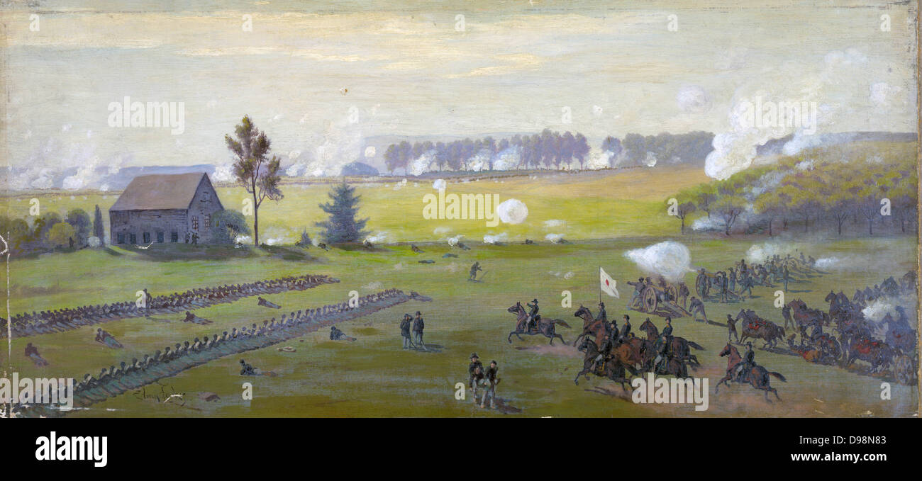 American Civil War 1861-1865: Battle of Gettysburg 1-3 July 1863 which ended Lee's invasion of the North. Heaviest US casualties than in any other in the war. Oil, 1865/1895 . Edwin Forbes (1839-1895) American artist. Military Artillery Stock Photo