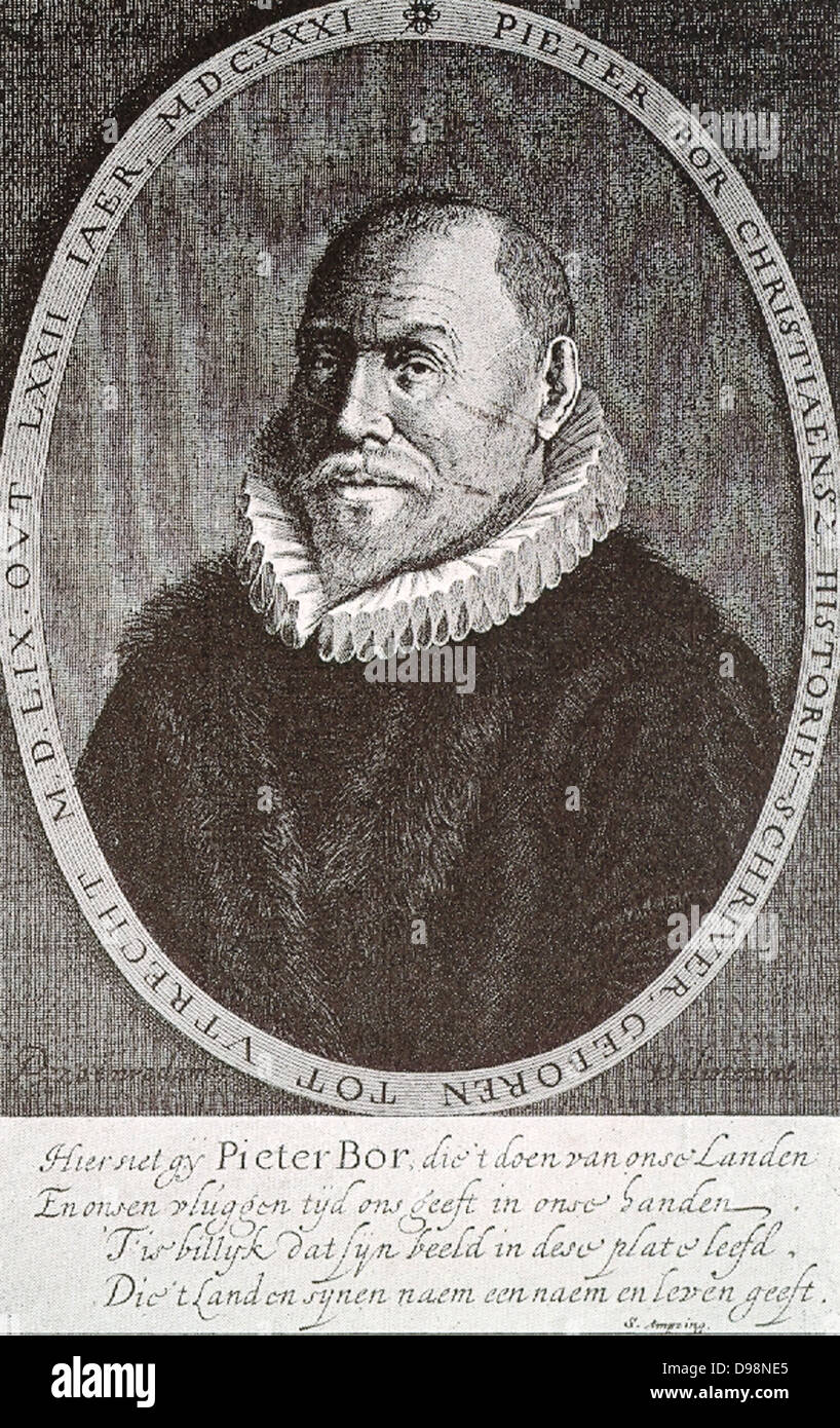 Pieter Bor or Pieter Christiaensz Bor (1559-1635) was a writer and historian of the Dutch Golden Age.  Through his work he had access to city archives in the places he stayed and he transcribed these sources for his history writing.   Although he is not registered as a member of a Chamber of Rhetoric, he wrote a few plays that were published in 1617.  This stapelspel is based on the same story as Shakespeare's Pericles, Prince of Tyre.  This work, which occupied him for 25 years, was never finished in rhyme, necessary for performances in those days. Stock Photo