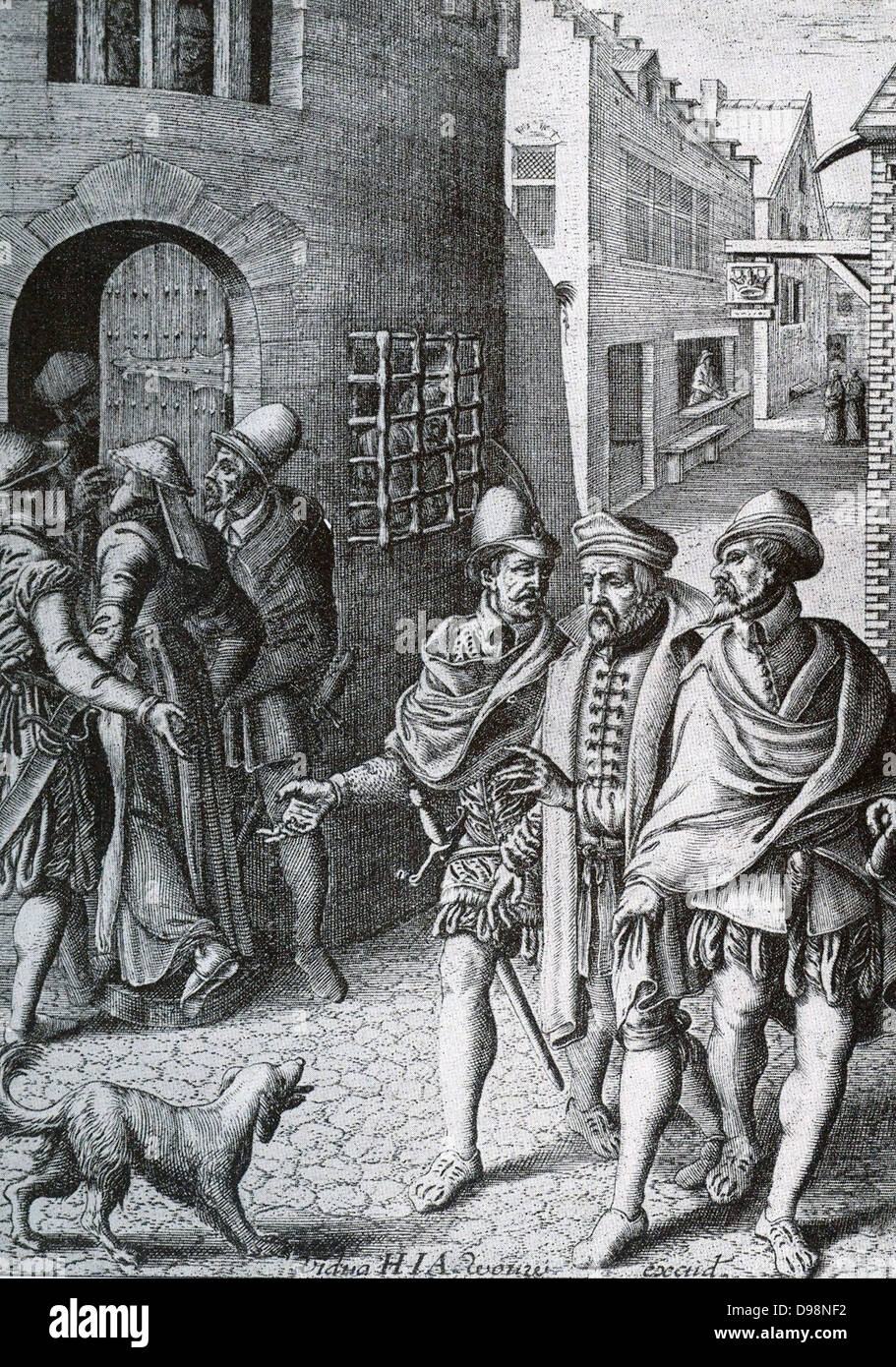 Picture of a 'real citation' the hostage bringing debtors (the left of a woman, the right of a man).  Legal practice in the Netherlands 17th century Stock Photo