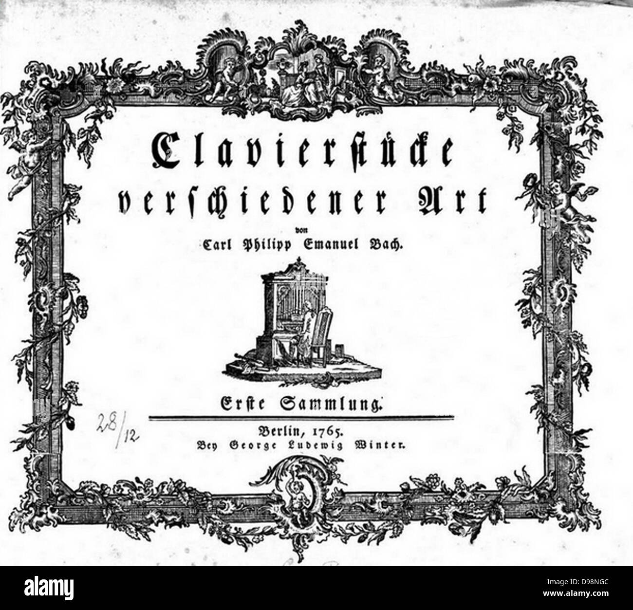 Title page of 'Clavierstucke verschiedener Art', 1765, by Carl Philipp Emanuel Bach (1714-1788) German musician and composer, second son of Johann Sebastian Bach. Klaviersteucke Keyboard Music Stock Photo
