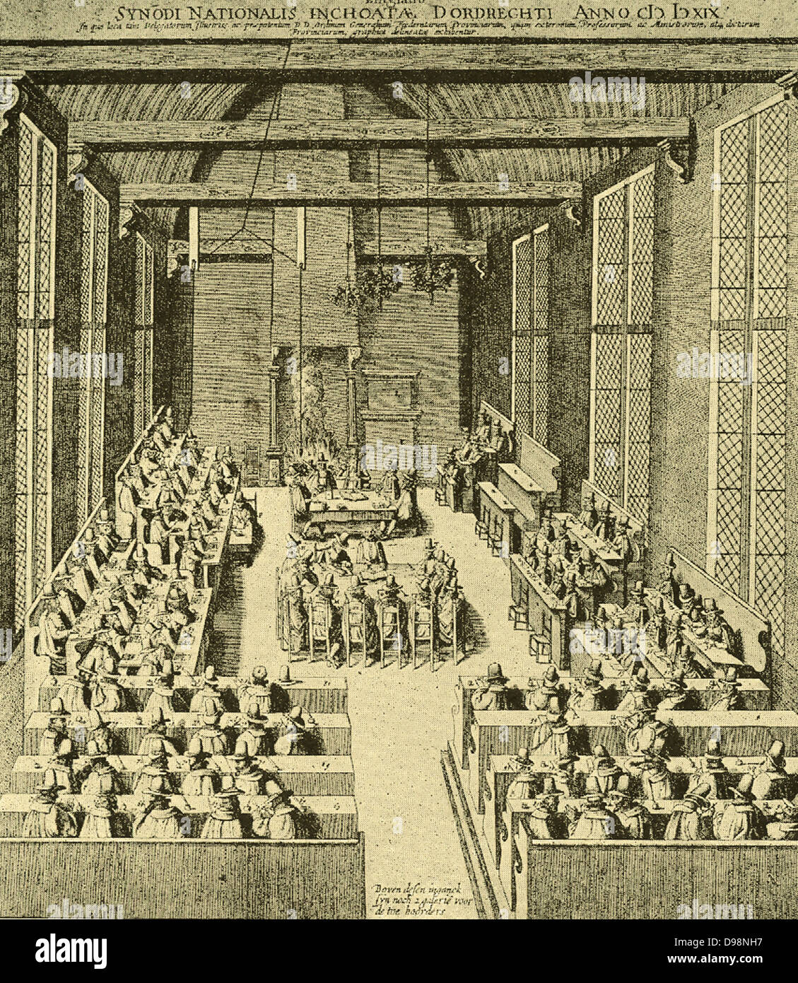 Room in the Archer Goals in Dordrecht, where the National Synod of November 1618 to May 1619 met.  This meeting was attended by 37  ministers and 19 elders, delegated by the Dutch churches. Stock Photo