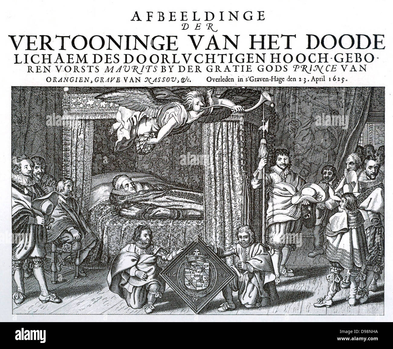 engraving, of A. V. D. Venne by J. Verstraelen, shows Prince Maurits of Nassau, lying stretched out on a state bed, the curtains slid open.  Right a hellebardier, kneeling in the foreground two pages with the Nassau Weapons plate.Maurice of Nassau, Prince of Orange (Dutch: Maurits van Nassau) (14 November 1567, Dillenburg – 23 April 1625) was sovereign Prince of Orange from 1618, on the death of his eldest half brother, Philip William, Prince of Orange, (1554–1618). Maurice was stadtholder of the United Provinces of the Netherlands from earliest 1585 until his death in 1625. Stock Photo